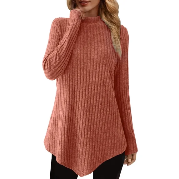 Fantaslook Mock Turtleneck Sweaters for Women Dressy Long Sleeve Pullover Fall Tunic Tops Asymmetrical Hem Soft Sweaters
