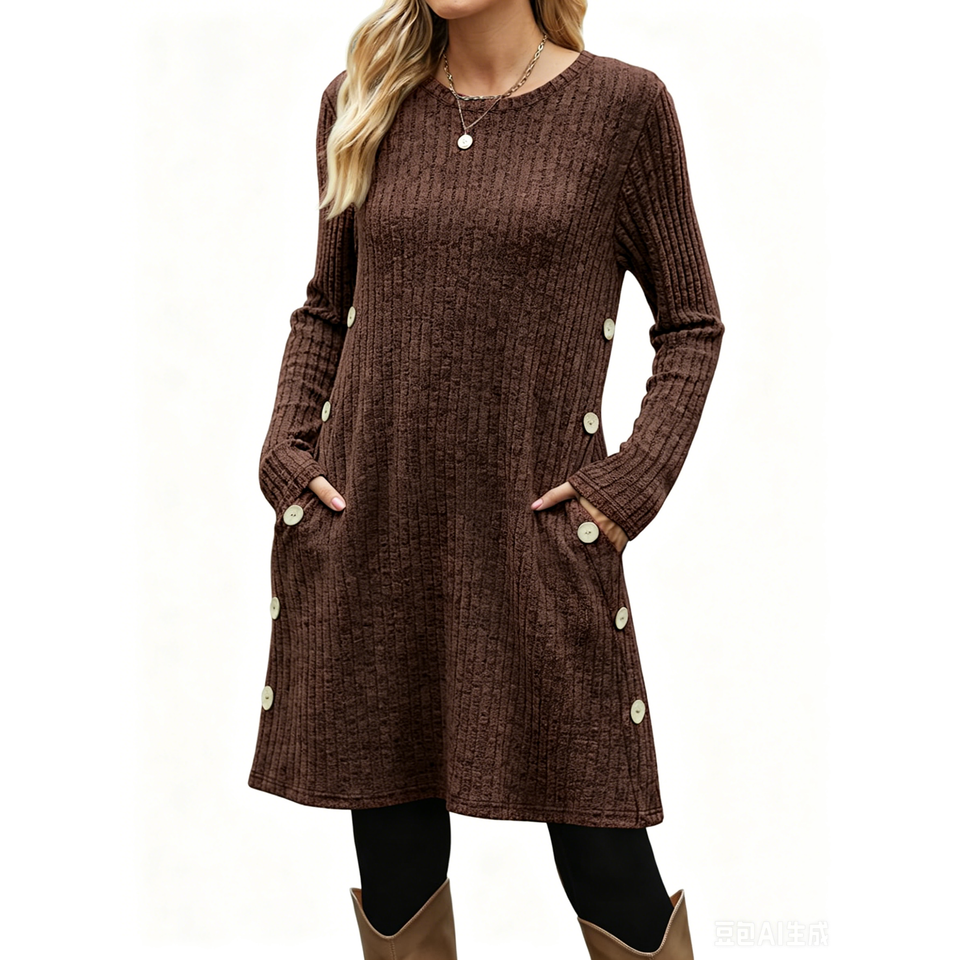 Fantaslook Long Sleeve Womens Dresses Crew Neck Buttons Tunic Dress with Pockets