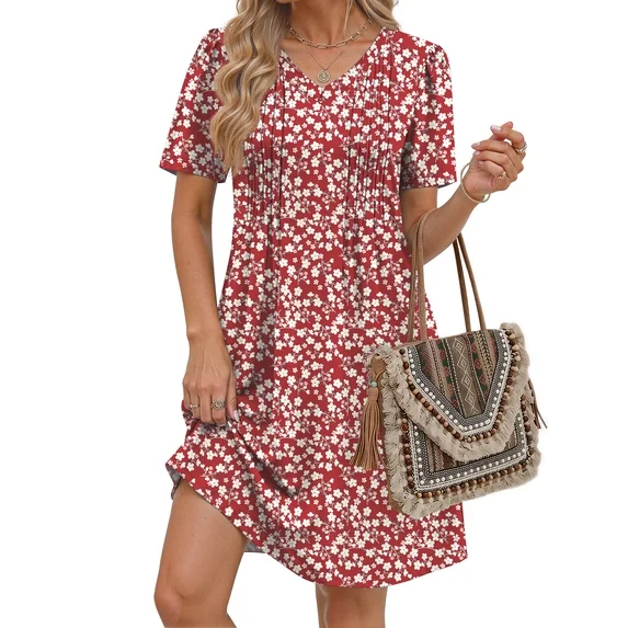 Fantaslook Summer Dresses for Women Short Sleeve Pleated V Neck Dress A Line Casual Tunic Dresses with Pockets