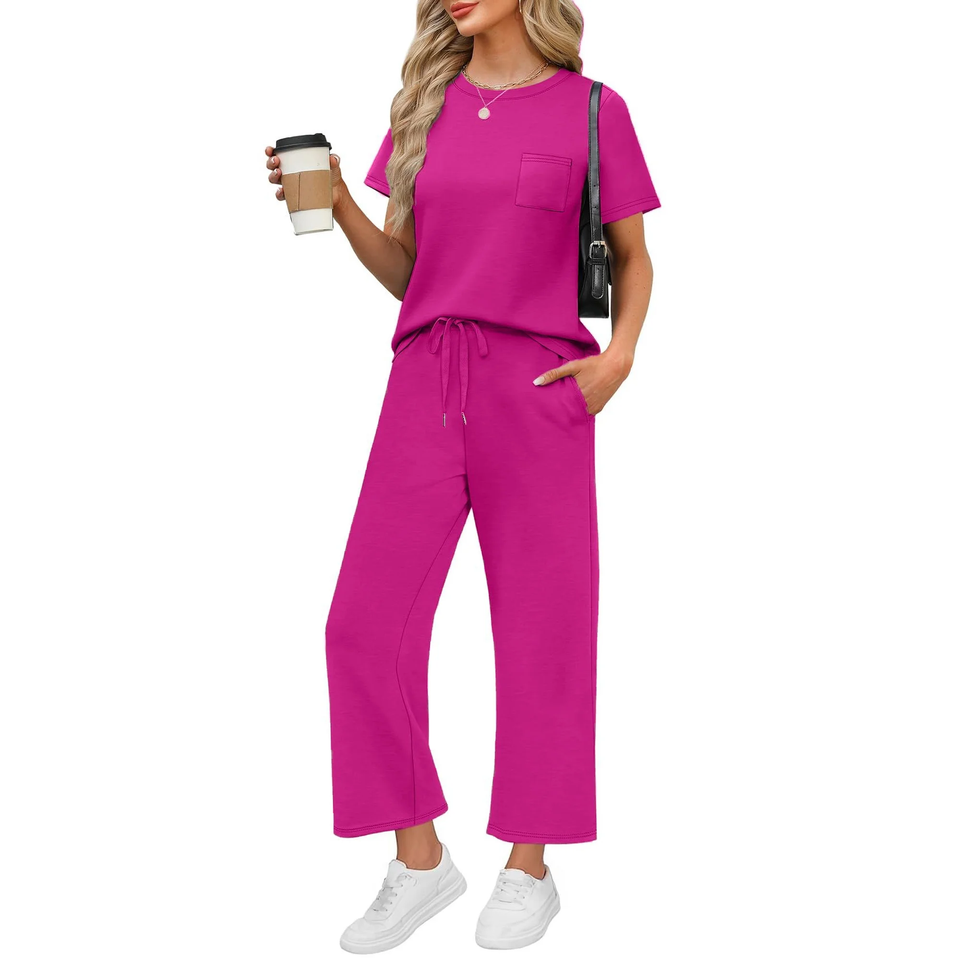 Fantaslook 2 Piece Sets for Women Casual Summer Travel Vacation Outfits Short Sleeve Tops Wide Leg Pants Lounge Sets