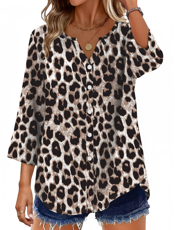 Fantaslook Womens Button Down Shirts V Neck Long Sleeve Shirt Cotton Linen Printed Blouses Dressy Casual Fall Tops