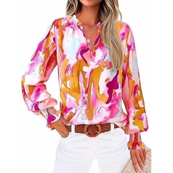 Fantaslook Floral V Neck Blouses for Women Loose Lined Flowy Shirts Trendy Smocked Cuff Long Sleeve Tops