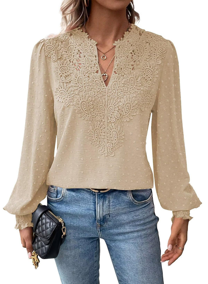 Fantaslook Blouses for Women Lace V Neck Long Sleeve Blouse Chiffon Pom Pom Shirt Dressy Casual Fall Tops