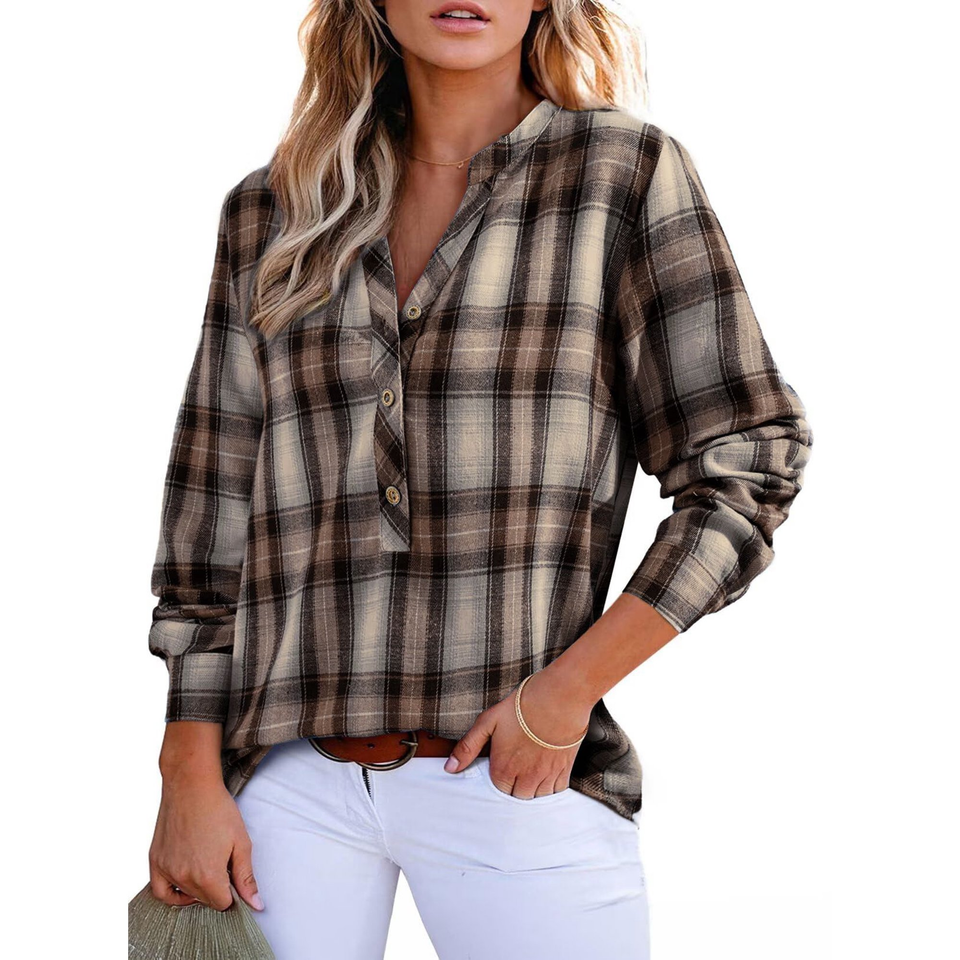 Fantaslook Womens Plaid Shirts Flannel Button Down Shirts Business Casual Long Sleeve Tops Dressy V Neck Blouses