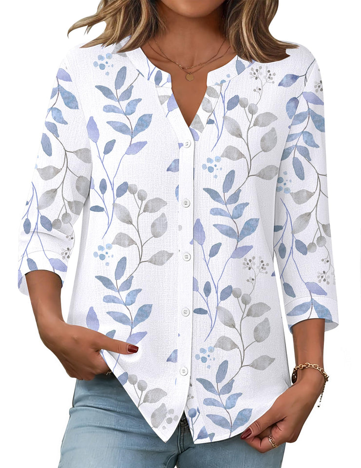 Fantaslook Womens Button Down Shirts V Neck Long Sleeve Shirt Cotton Linen Printed Blouses Dressy Casual Fall Tops