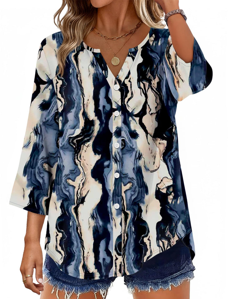Fantaslook Womens Button Down Shirts V Neck Long Sleeve Shirt Cotton Linen Printed Blouses Dressy Casual Fall Tops