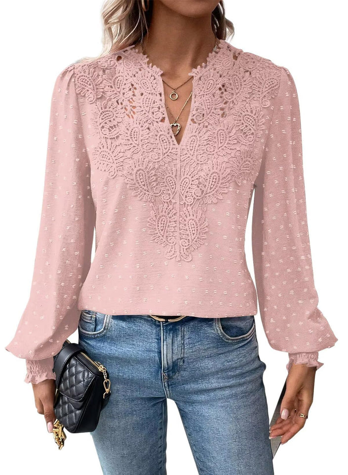 Fantaslook Blouses for Women Lace V Neck Long Sleeve Blouse Chiffon Pom Pom Shirt Dressy Casual Fall Tops