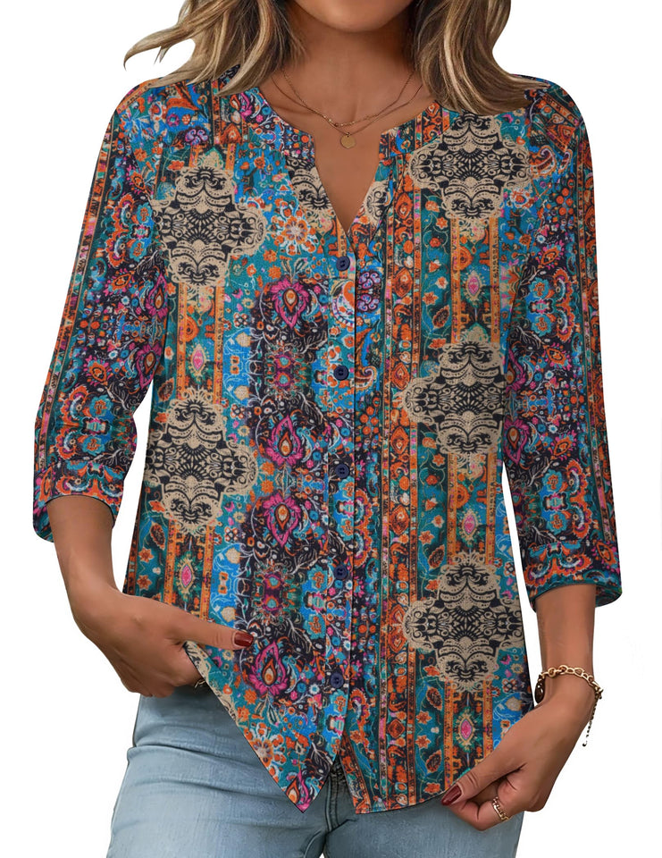 Fantaslook Womens Button Down Shirts V Neck Long Sleeve Shirt Cotton Linen Printed Blouses Dressy Casual Fall Tops