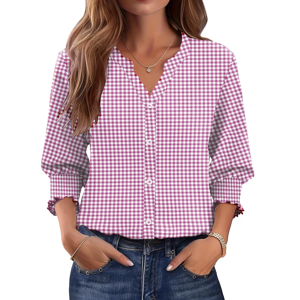 Fantaslook Plaid Button Down Shirts for Women 3/4 Sleeve V neck Work Shirt with Smocked Cuffs Dressy Cotton Blouses Tops