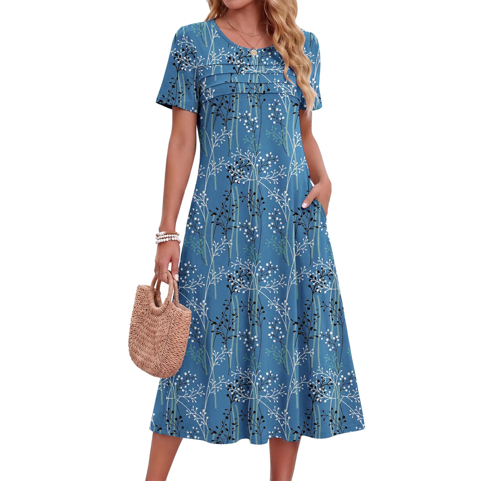 Fantaslook Pleated Summer Dresses for Women Short Sleeve A Line Midi Dress Flowy Floral Sundress Casual Dress with Pockets