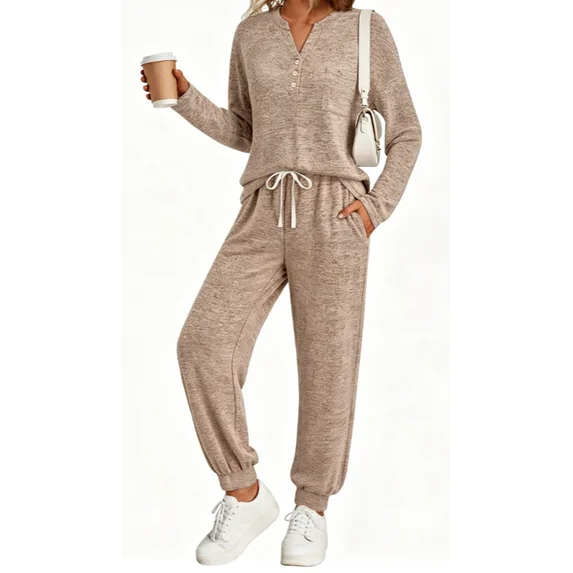 Fantaslook Womens Pajamas Sets Long Sleeve Matching Lounge Set Fall Travel Outfits Jogger Sweatsuits with Pocket Button Down Sleepwear