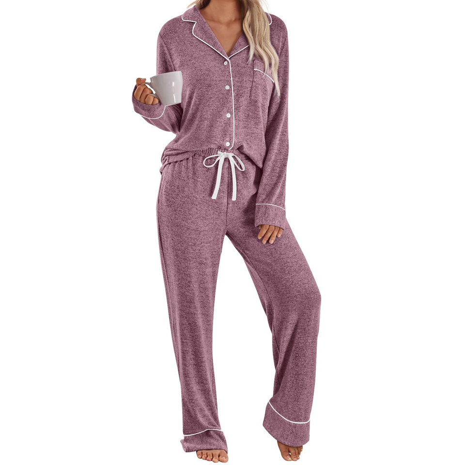 Fantaslook Womens Pajama Sets Long Sleeve Button Down Tops Drawstring Pants Sleepwear Nightwear Soft Pjs Sets with Pockets