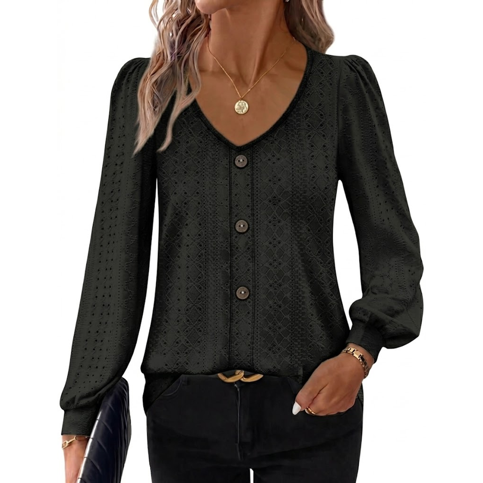 Fantaslook Tops for Women V Neck Long Sleeve Blouses Eyelet Casual Fall Shirts Trendy