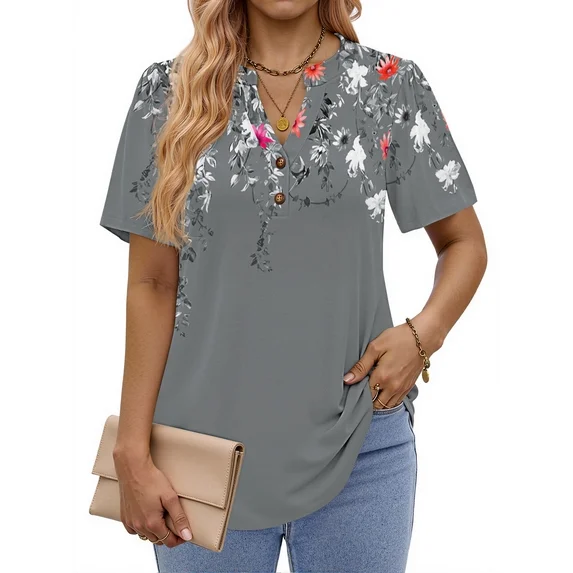 Fantaslook V Neck Henley Blouses for Women Dressy Casual Tops Summer Short Sleeve Shirts Fashion Clothes