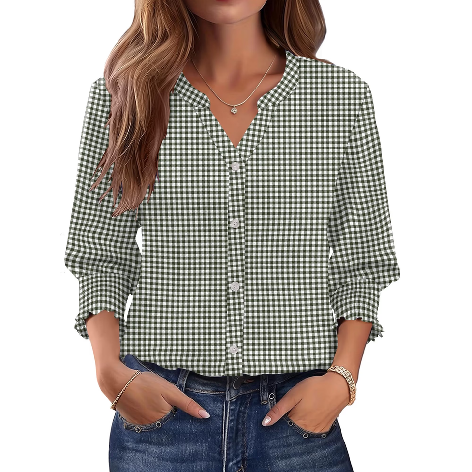 Fantaslook Plaid Button Down Shirts for Women 3/4 Sleeve V neck Work Shirt with Smocked Cuffs Dressy Cotton Blouses Tops