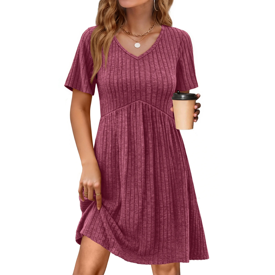 Fantaslook Short Sleeve Dresses for Women V Neck Summer Midi Dresses Empire Waist Tunic Casual Dress with Pockets