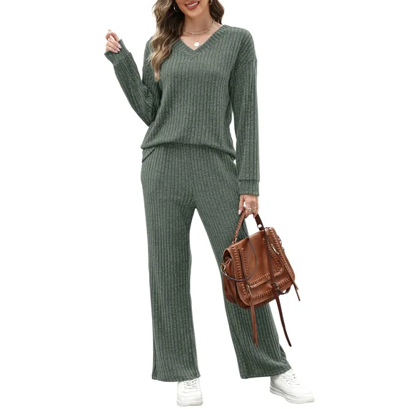 Fantaslook Two Piece Lounge Sets for Women Vacation Travel Fall Outfits V Neck Tops Wide Leg Pants Matching Sets Women Clothing