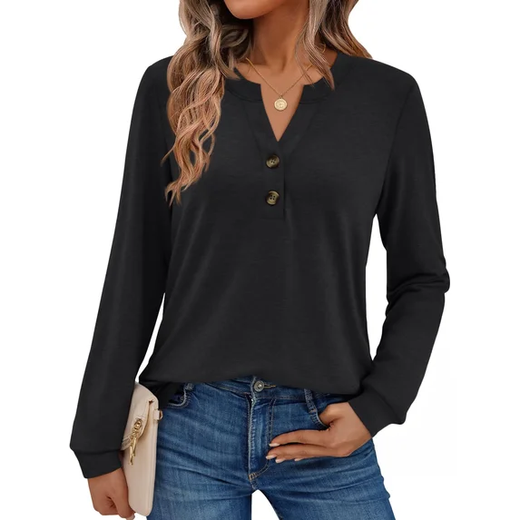 Fantaslook V Neck Henley Blouses for Women Dressy Fall Tops Long Sleeve Shirts Fashion Clothes