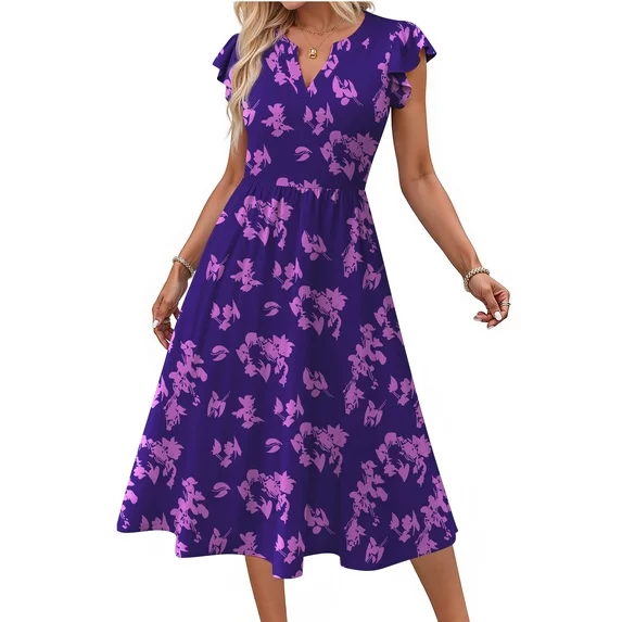 Fantaslook Summer Dresses for Women Ruffle Sleeve V Neck Midi Dresses Fashion Casual Flowy Vacation Sundress