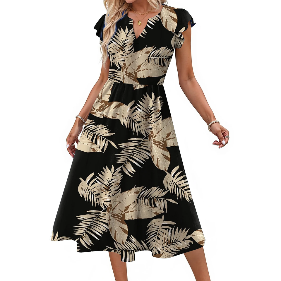Fantaslook Summer Dresses for Women Ruffle Sleeve V Neck Midi Dresses Fashion Casual Flowy Vacation Sundress