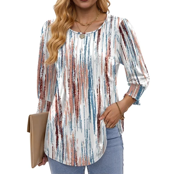 Fantaslook Pleated Blouses for Women Dressy Casual 3/4  Sleeve Womens Tops with Smocked Cuffs Summer Fall Shirts