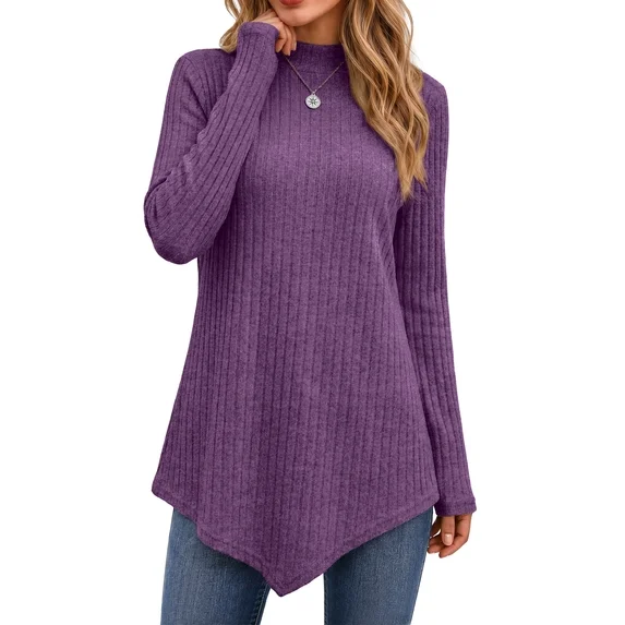 Fantaslook Mock Turtleneck Sweaters for Women Dressy Long Sleeve Pullover Fall Tunic Tops Asymmetrical Hem Soft Sweaters