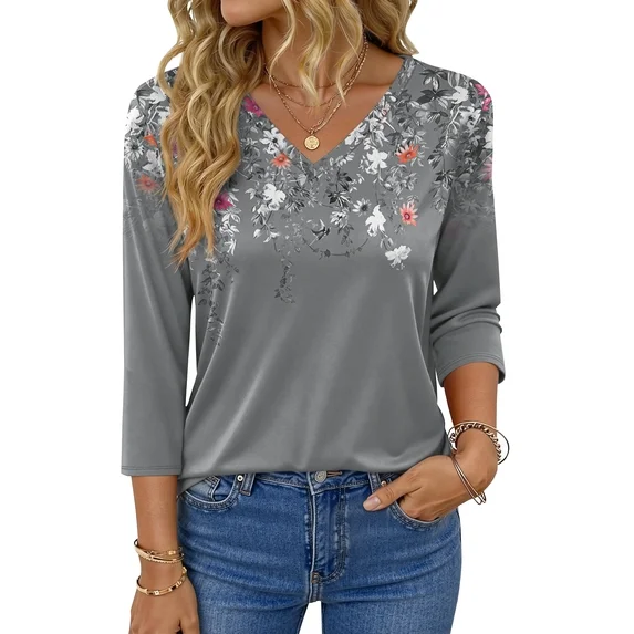 Fantaslook V Neck T Shirts for Women 3/4 Sleeve Tunic Tops Dressy Casual Blouses Boho Basics Tee Summer Fall Clothes