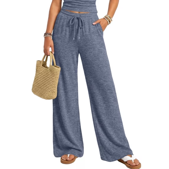 Fantaslook Womens Wide Leg Pants High Waist Drawstring Casual Lounge Pant Soft Stretchy Flowy Palazzo Pants with Pockets for Daily Work Travel