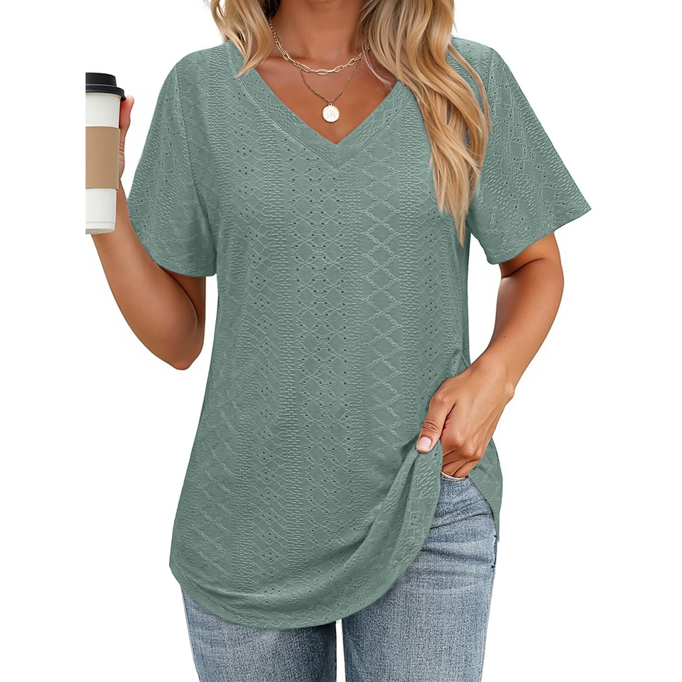 Fantaslook Eyelet Womens Tops Short Sleeve Dressey Casual Blouses V Neck Work Shirts Summer Basic Tees