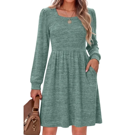 Fantaslook Square Neck Long Sleeve Dresses for Women Casual Trendy Sweater Dress with Pockets