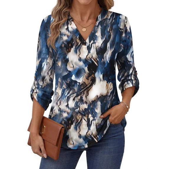 Fantaslook Roll Up Blouses for Women Dressy Casual Long Sleeve Tunic Tops V Neck Shirts Work Blouses
