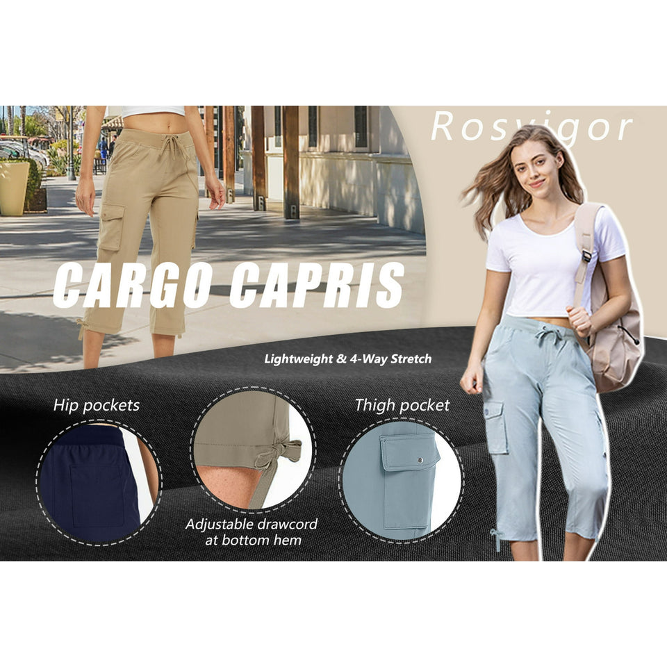 Rosvigor Womens Cargo Capris Lightweight Hiking Pants Outdoor Athletic Quick Dry Travel Pants with Pockets