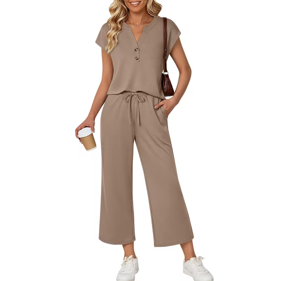 Fantaslook Two Piece Lounge Sets for Women Vacation Travel Outfits Dressy Casual V Neck Short Sleeve Tops Wide Leg Pants Fashion Outfits