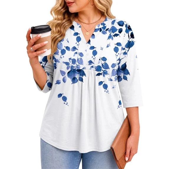 Fantaslook 3/4 Sleeve Plus Size Tops for Women Henley V Neck Button Blouses Dressy Floral Tunic Work Shirts L-5XL