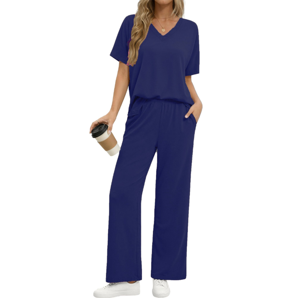 Fantaslook Lounge Sets for Women Casual 2 Piece Outfits Summer V Neck Short Sleeve Tops and Wide Leg Pants Pajamas Sets