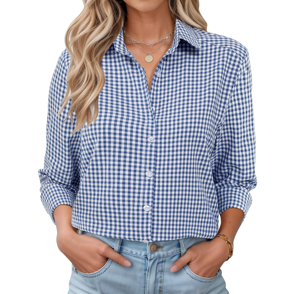 Fantaslook Plaid Button Down Shirts for Women Dressy Casual Long Sleeve Shirts Collared Work Blouses Tops