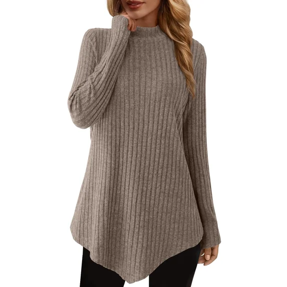 Fantaslook Mock Turtleneck Sweaters for Women Dressy Long Sleeve Pullover Fall Tunic Tops Asymmetrical Hem Soft Sweaters