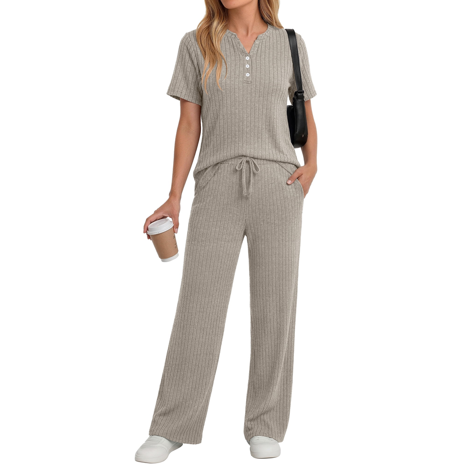 Fantaslook Two Piece Lounge Sets for Women Summer Outfits Henley V Neck Short Sleeve Tops Wide Leg Pants Matching Sets Trendy Clothes