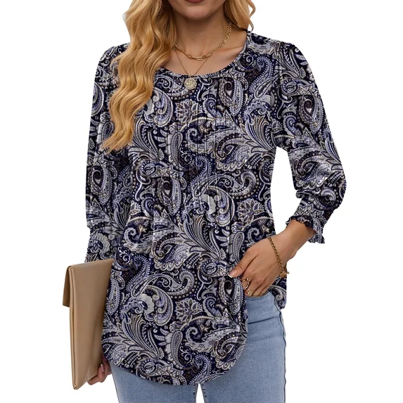 Fantaslook Pleated Blouses for Women Dressy Casual 3/4  Sleeve Womens Tops with Smocked Cuffs Summer Fall Shirts