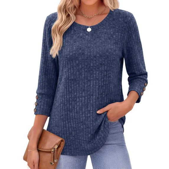 Fantaslook Womens 3/4 Sleeve Shirts with Buttons Dressy Casual Blouses Tunic Tops Fall Clothes