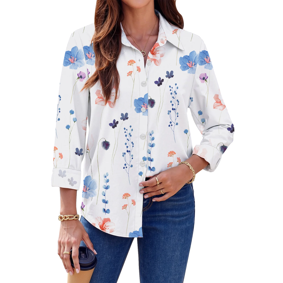 Fantaslook Womens Button Down Shirts Boho Floral Printed Long Sleeve Blouses Business Work Shirt Dressy Casual Loose Tops