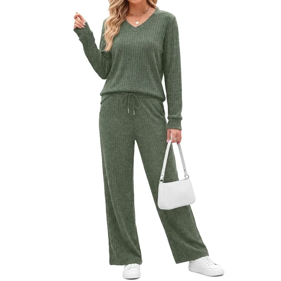 Fantaslook Two Piece Lounge Sets for Women Vacation Travel Fall Outfits V Neck Tops Wide Leg Pants Matching Sets Women Clothing