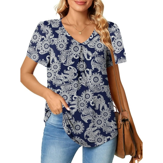 MOSHU T-shirts for Women Pleated Printed Short Sleeve Tunice Tops V Neck Summer Womens Shirts