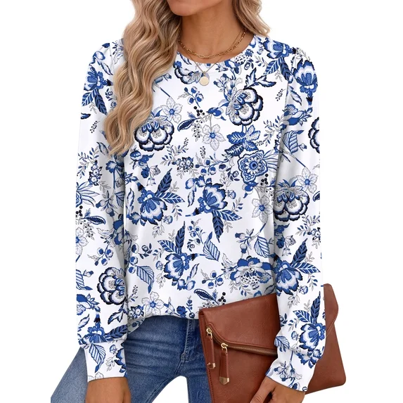 Fantaslook Womens Long Sleeve Shirts Fall Tunic Tops Casual Crewneck Floral Blouses