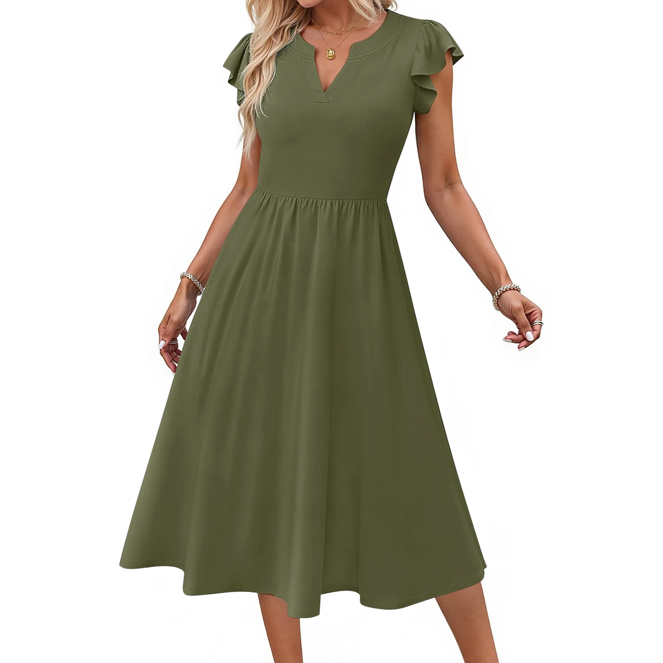 Fantaslook Summer Dresses for Women Ruffle Sleeve V Neck Midi Dresses Fashion Casual Flowy Vacation Sundress