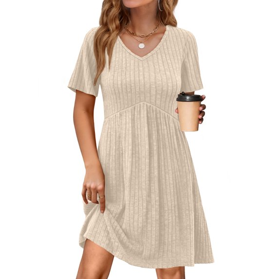 Fantaslook Short Sleeve Dresses for Women V Neck Summer Midi Dresses Empire Waist Tunic Casual Dress with Pockets
