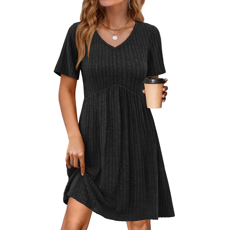 Fantaslook Short Sleeve Dresses for Women V Neck Summer Midi Dresses Empire Waist Tunic Casual Dress with Pockets