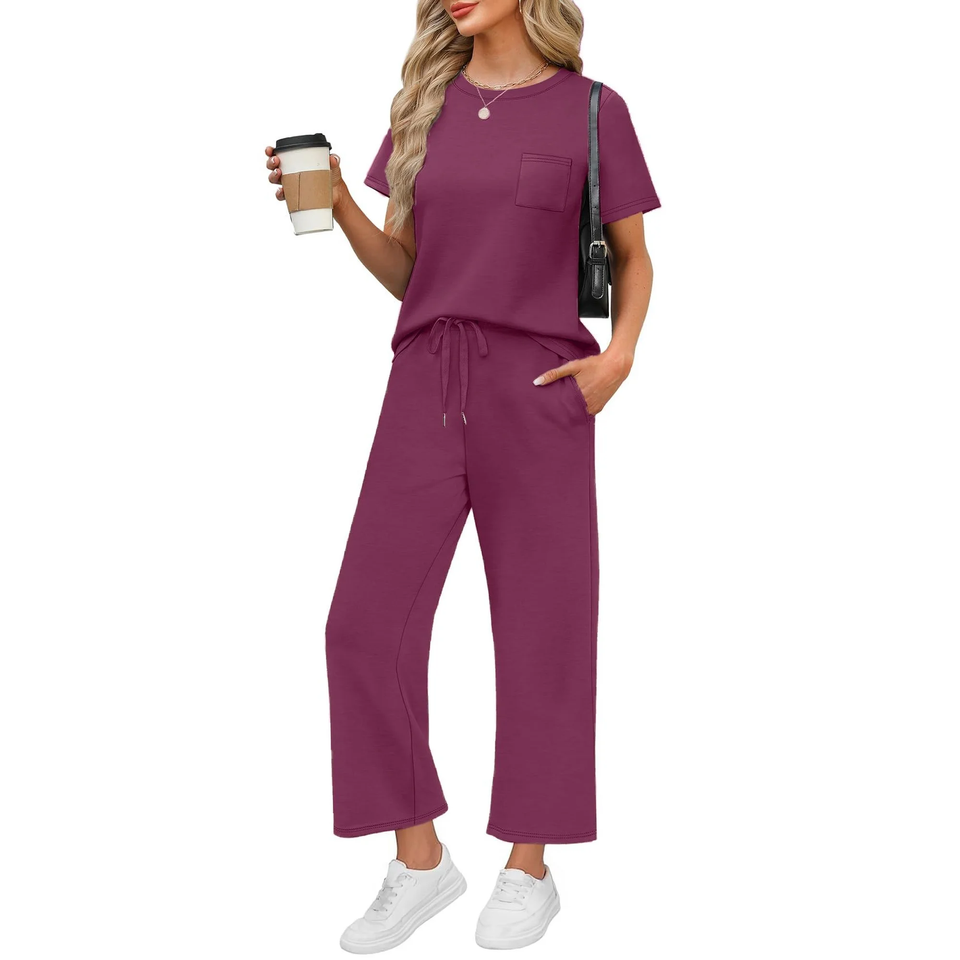 Fantaslook 2 Piece Sets for Women Casual Summer Travel Vacation Outfits Short Sleeve Tops Wide Leg Pants Lounge Sets