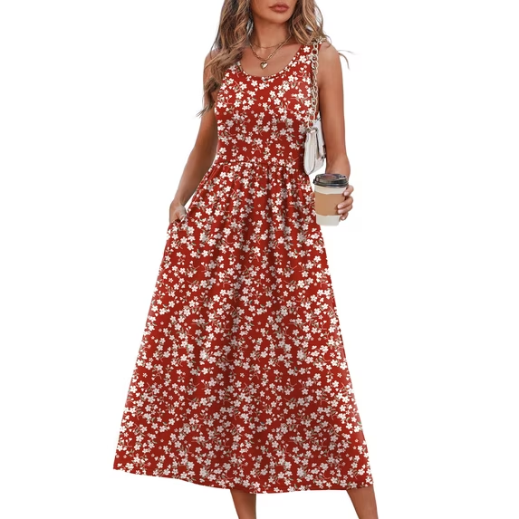 Fantaslook Summer Dresses for Women Sleeveless Casual Long Dress Beach Vacation Sundresses with Pockets