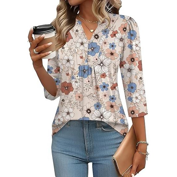 Fantaslook 3/4 Sleeve Plus Size Tops for Women Henley V Neck Button Blouses Dressy Floral Tunic Work Shirts L-5XL